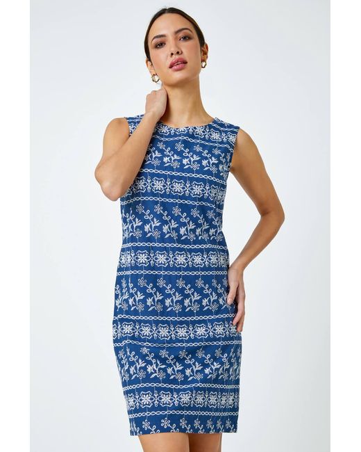Roman Blue Embroidered Cotton Shift Dress