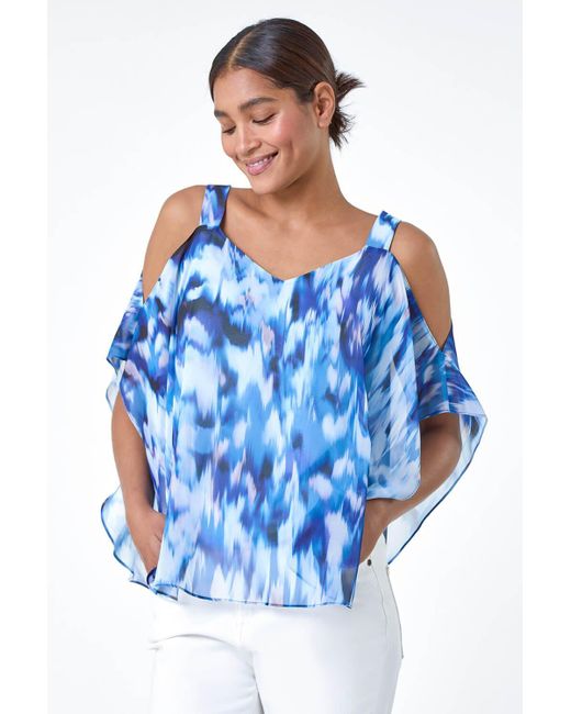 Roman Blue Abstract Print Cold Shoulder Overlay Top