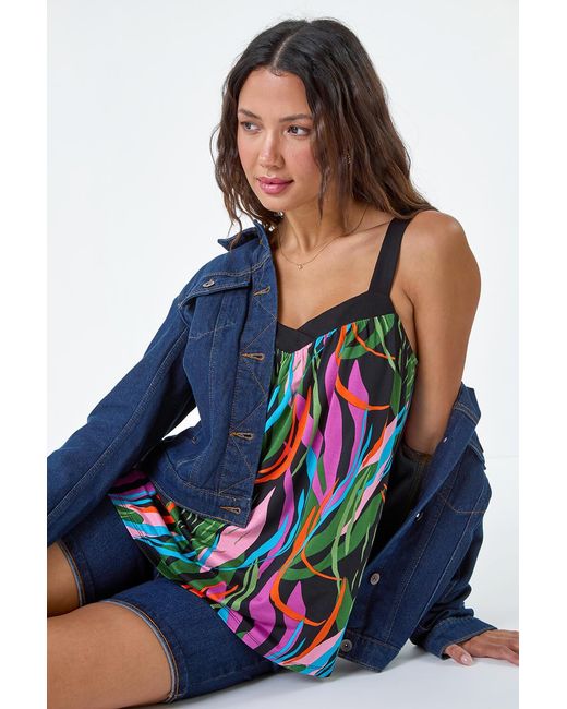 Roman Blue Contrast Leaf Print V-Neck Stretch Cami Top