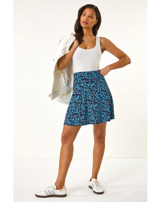 Roman Blue Floral Stretch Skater Skirt
