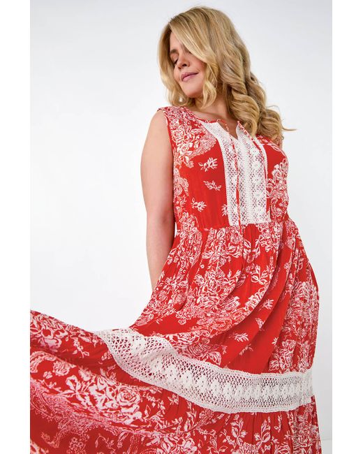 Roman Red Originals Curve Broderie Boho Printed Maxi Dress