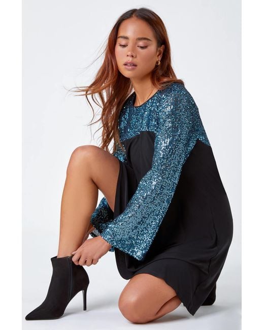 Roman Petite Blue Sequin Shift Stretch Dress