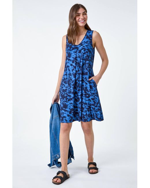 Roman Blue Tie Dye Stretch Pocket Swing Dress
