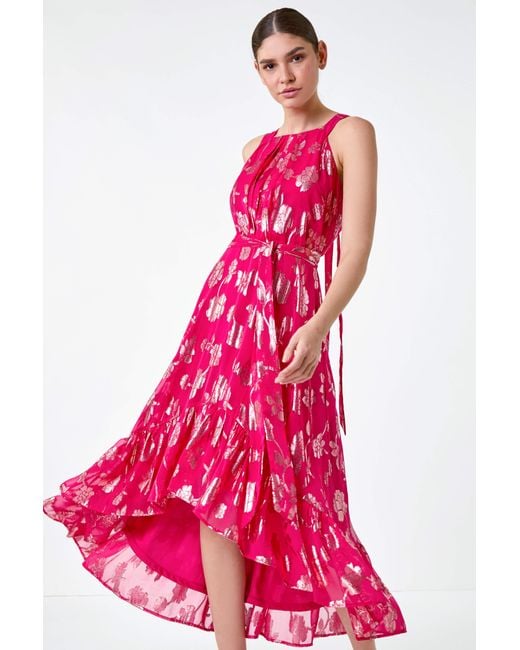Roman Pink Metallic Floral Halter Neck Midi Dress
