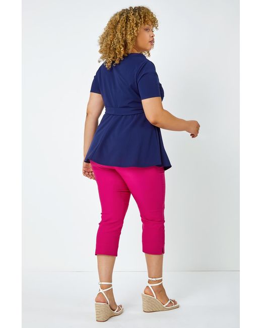 Roman Curve Blue Stretch Belted Peplum Top