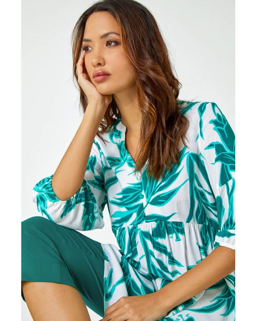 Roman Blue Palm Print V-Neck Tunic Overshirt