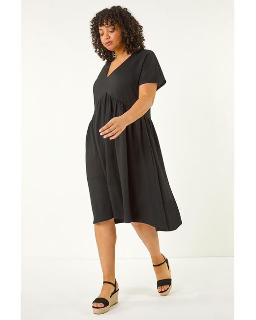 Roman Curve Black Textured V-Neck Stretch Dress