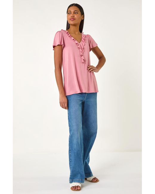 Roman Blue Ruffle Front Stretch Top