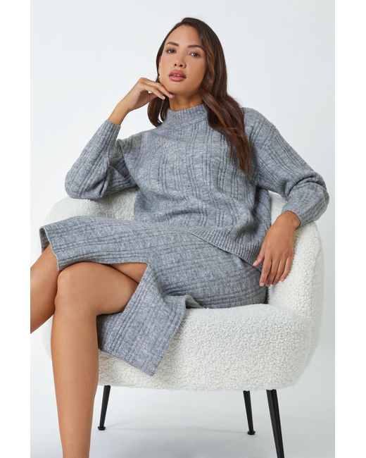 Roman Blue Ribbed Side Split Knit Pencil Skirt