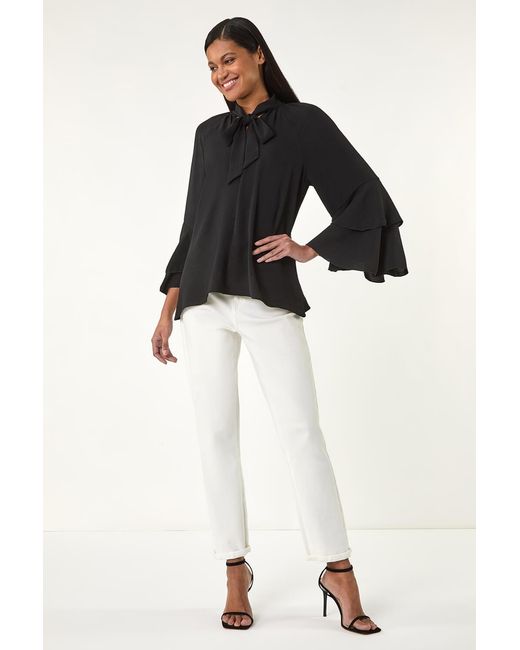 Roman Black Frilled Sleeve Tie Front Top