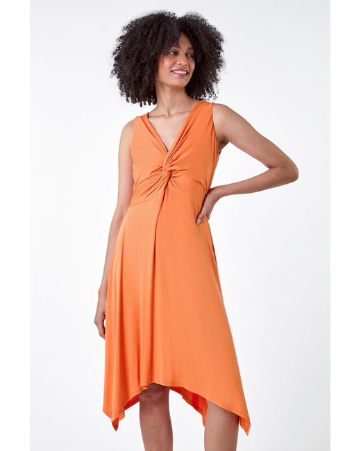 Roman Orange Twist Front Hanky Hem Stretch Dress