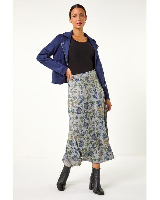 Roman Blue Abstract Floral Print Stretch Midi Skirt