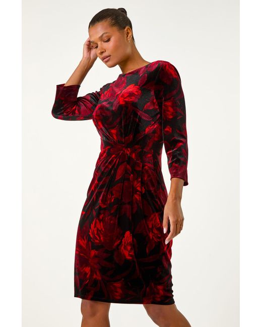 Roman Red Velvet Rose Print Side Twist Shift Dress