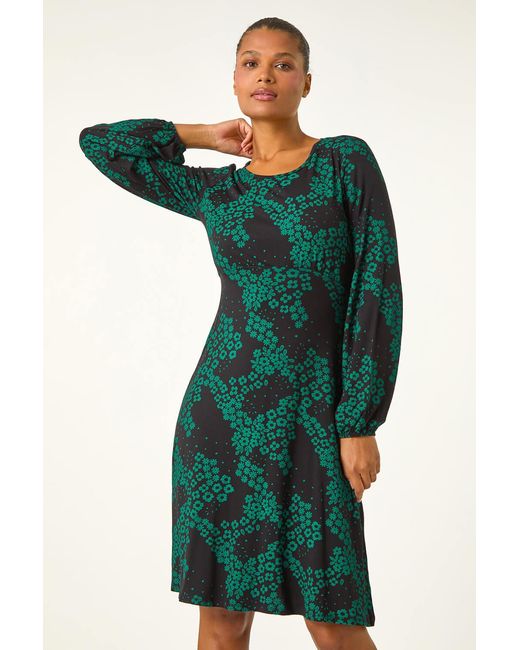 Roman Green Ditsy Floral Gathered Stretch Dress