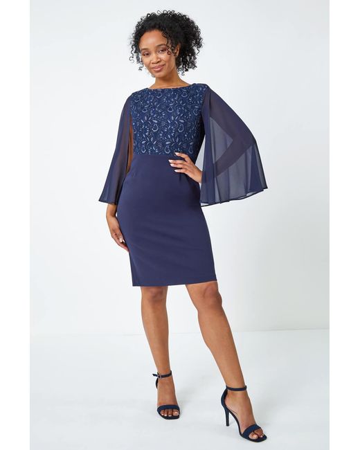 Roman Petite Blue Lace Chiffon Cape Sleeve Dress
