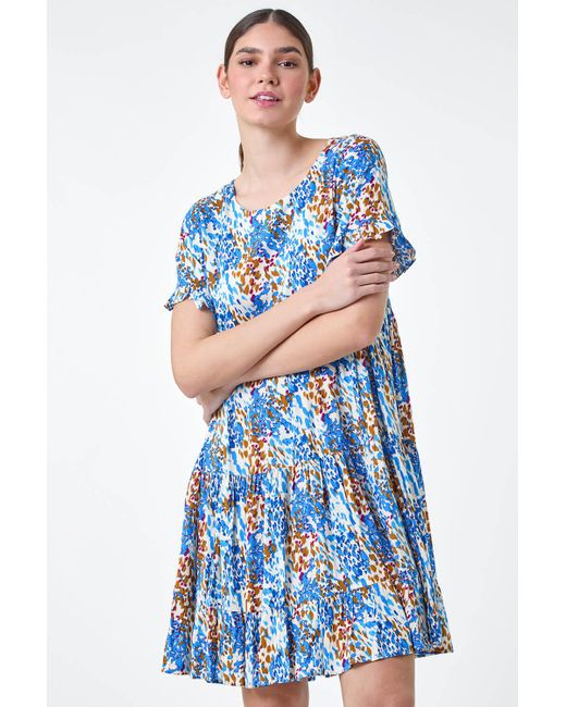 Roman Blue Abstract Print Tiered Smock Dress