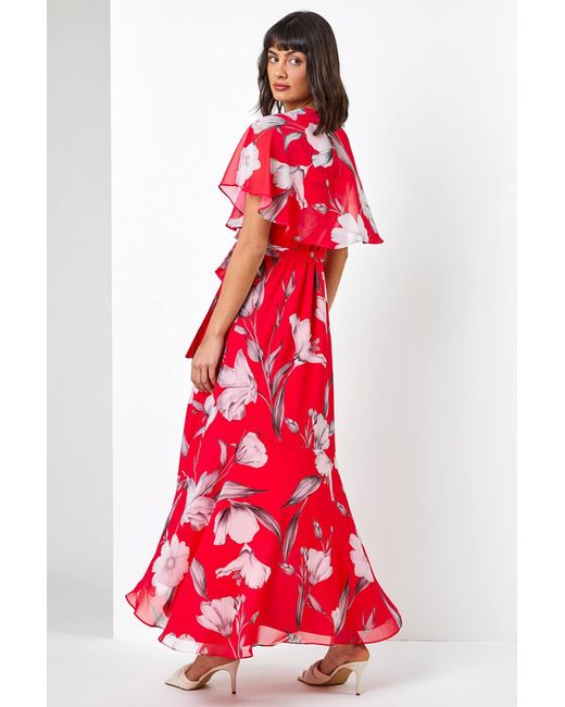 Roman Pink Floral Print Chiffon Frill Cape Midi Dress