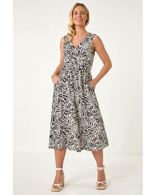 Roman Petite White Abstract Print V-Neck Midi Dress