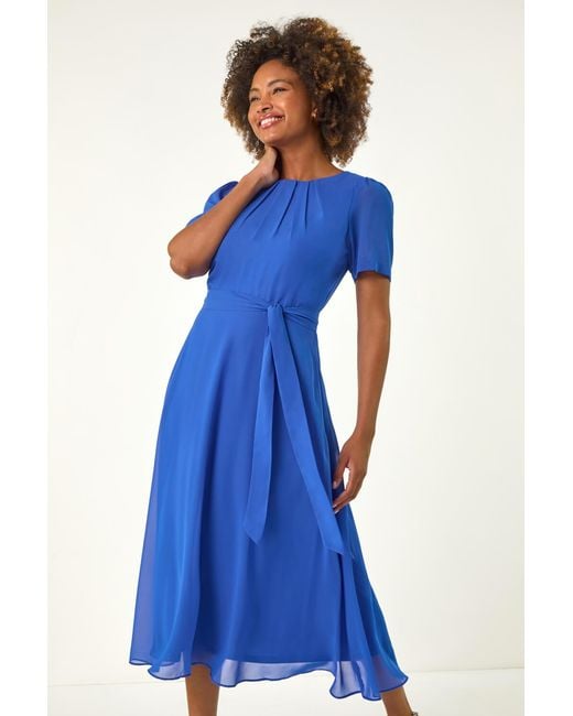 Roman Blue Pleat Chiffon Belted Midi Dress