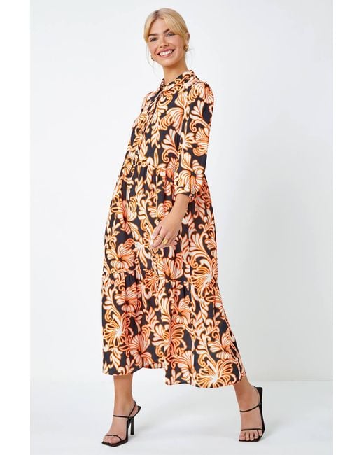 D.u.s.k Black Floral Print Tiered Midi Shirt Dress