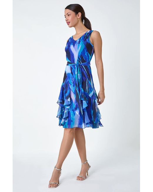 Roman Blue Abstract Print Frill Detail Dress