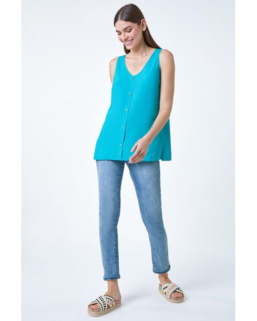 Roman Blue Button Front Sleeveless Top