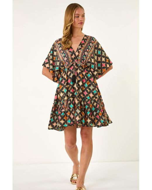 Roman Black Geometric Boho Print V-Neck Mini Dress