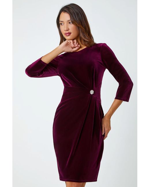 Roman Red Velvet Side Twist Diamante Stretch Dress