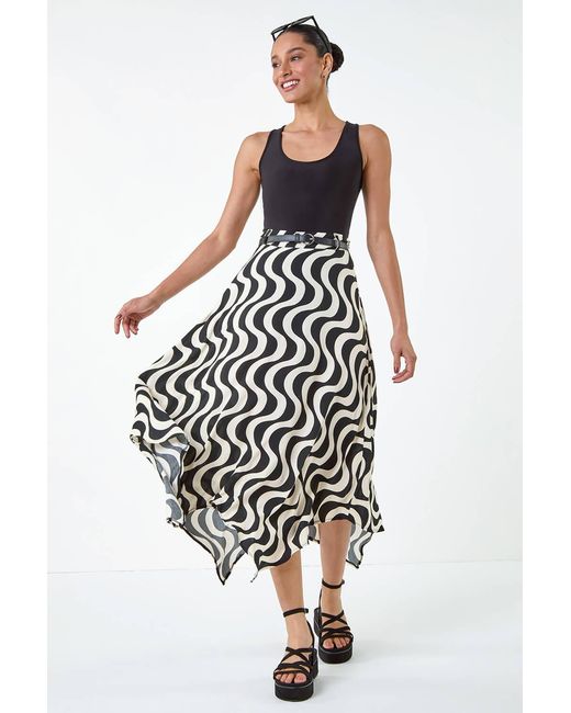 D.u.s.k Black Swirl Print Belted Hanky Hem Midi Skirt