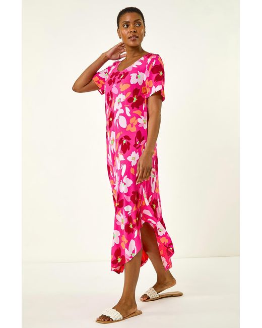 Roman Red Floral Print Asymmetric Hem T-Shirt Dress