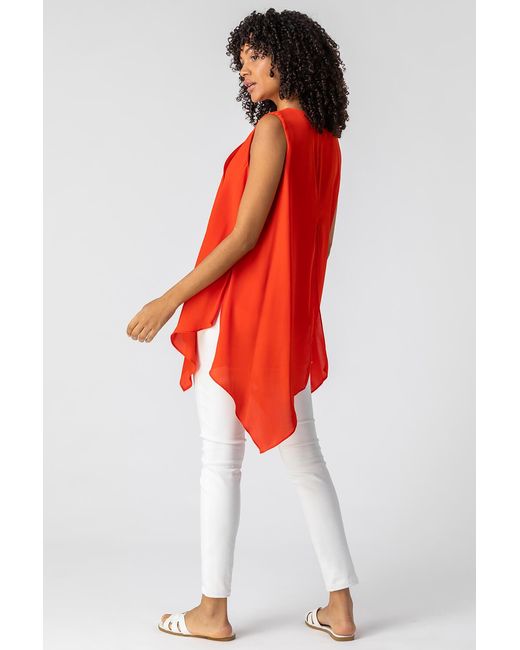 Roman Red Asymmetric Hanky Hem Chiffon Tunic Top