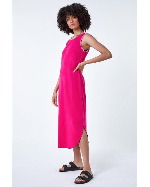 Roman Pink Contrast Stitch Stretch Jersey Midi Dress