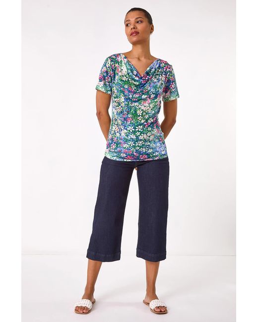 Roman Blue Floral Print Cowl Neck Stretch Top