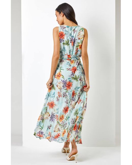 Roman Multicolor Floral Print Pleated Maxi Dress