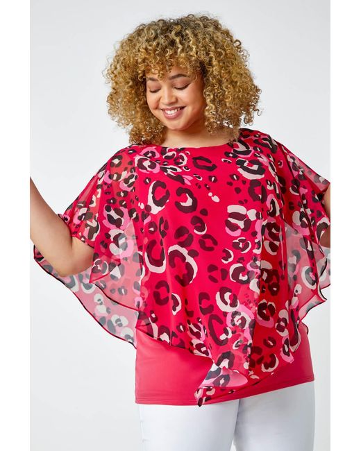 Roman Curve Red Animal Print Chiffon Overlay Top