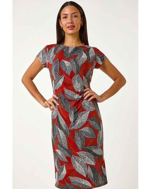 Roman Stretch Leaf Print Gathered Shift Dress