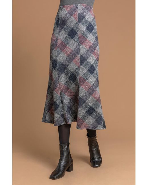 Roman Gray Check Print Fluted Midi Skirt