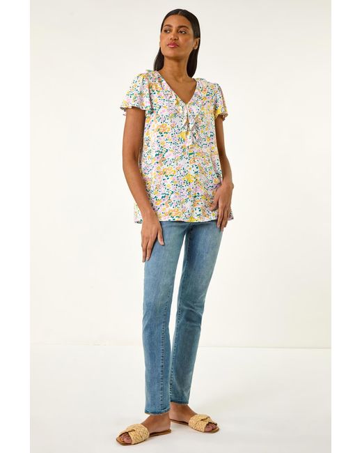 Roman Blue Floral Print Ruffle V-Neck Top