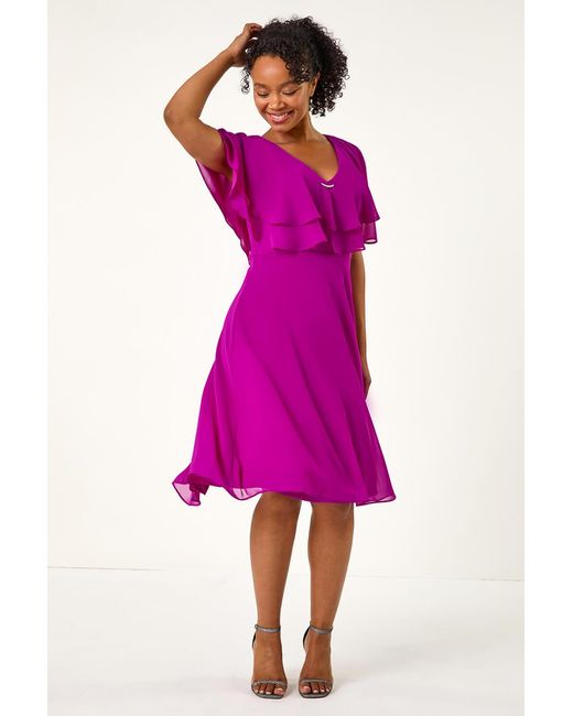 Roman Petite Pink V-Neck Flare Trim Detail Cape Dress