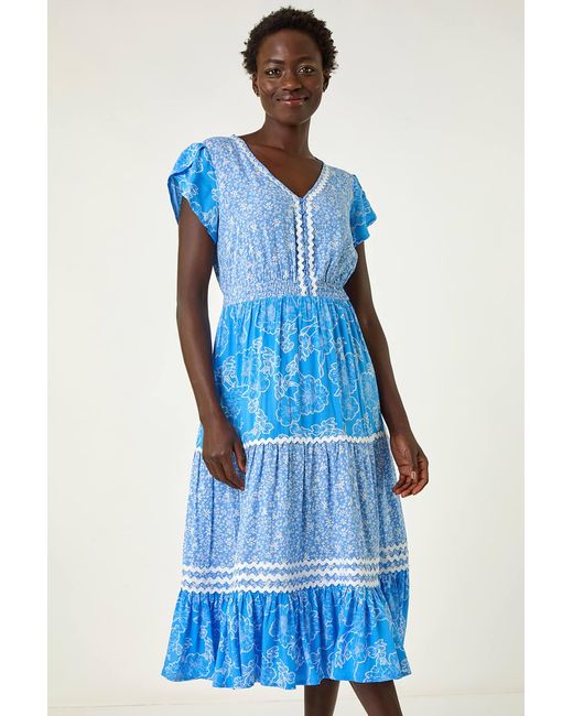 Roman Blue Floral Contrast Stitch Midi Dress