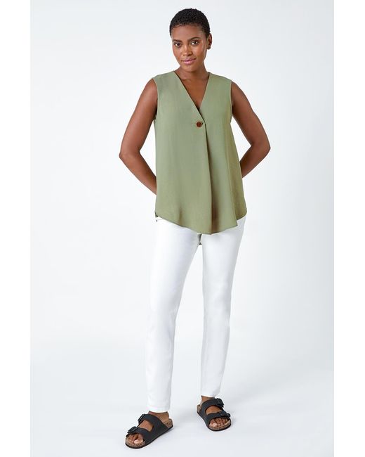 Roman Green Pleat Front Button Detail V-Neck Vest