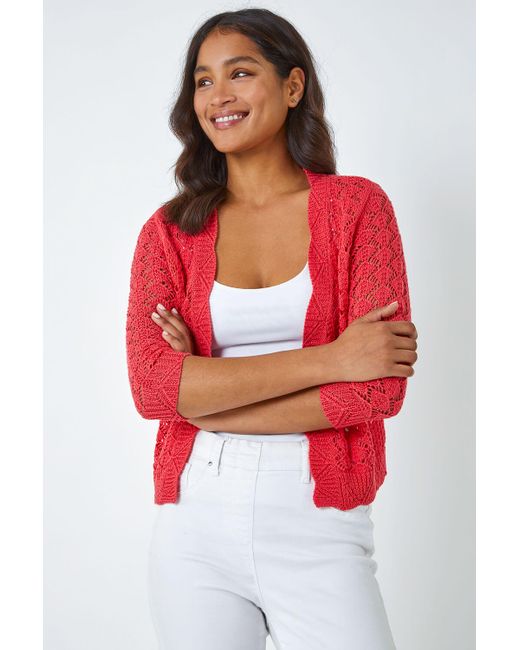 Roman Pointelle Knit Shrug in Red Lyst UK