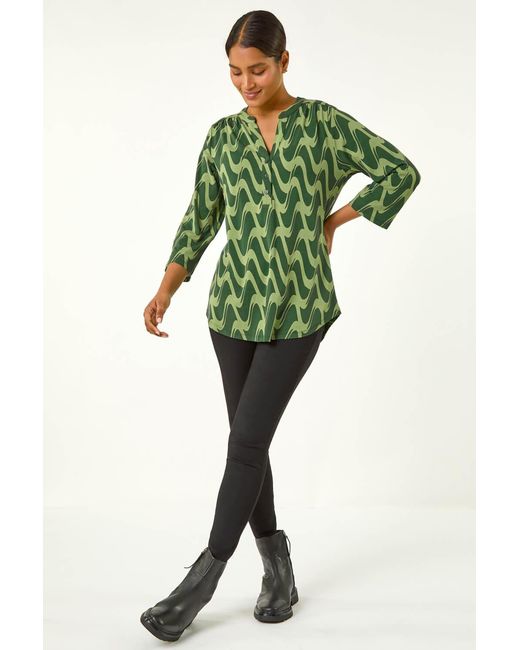 Roman Green Geometric Print Stretch Blouse