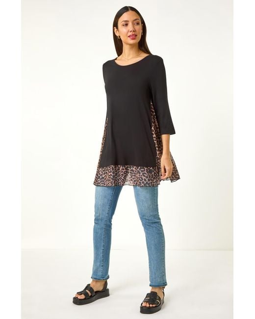 Roman Black Animal Print Mesh Hem Tunic