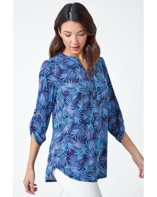 Roman Blue Leaf Print V-Neck Stretch Jersey Blouse