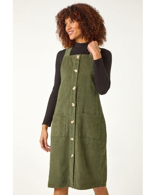 Roman Green Corduroy Pinafore Midi Dress