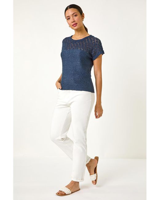 Roman Blue Crochet Mixed Knit Top