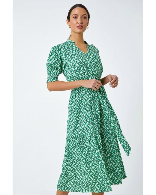 Roman Green Geometric Tiered Belted Midi Dress