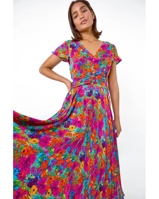 Roman Red Floral Ruched Waist Maxi Dress