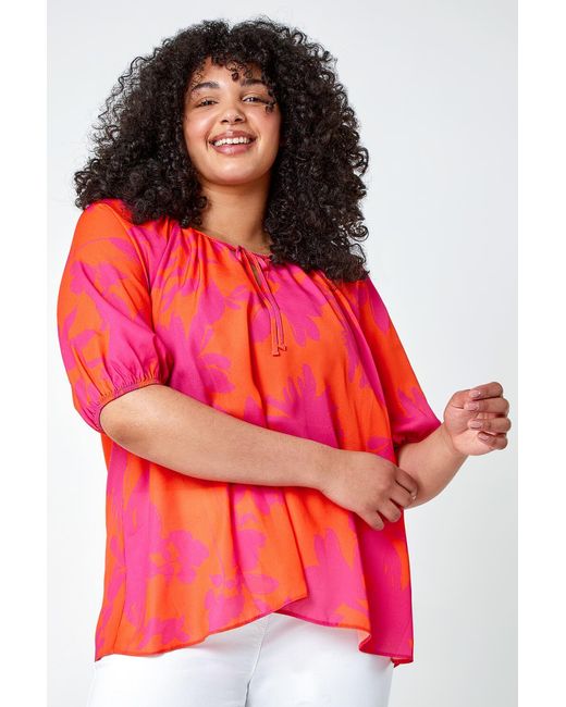 Roman Curve Red Floral Print Tie Detail Top
